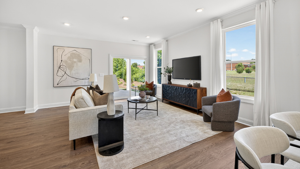 living room with revwood flooring
