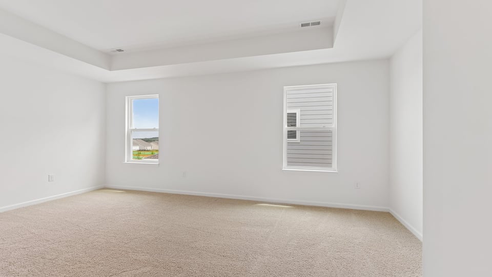 primary bedroom with tray ceiling and carpet flooring