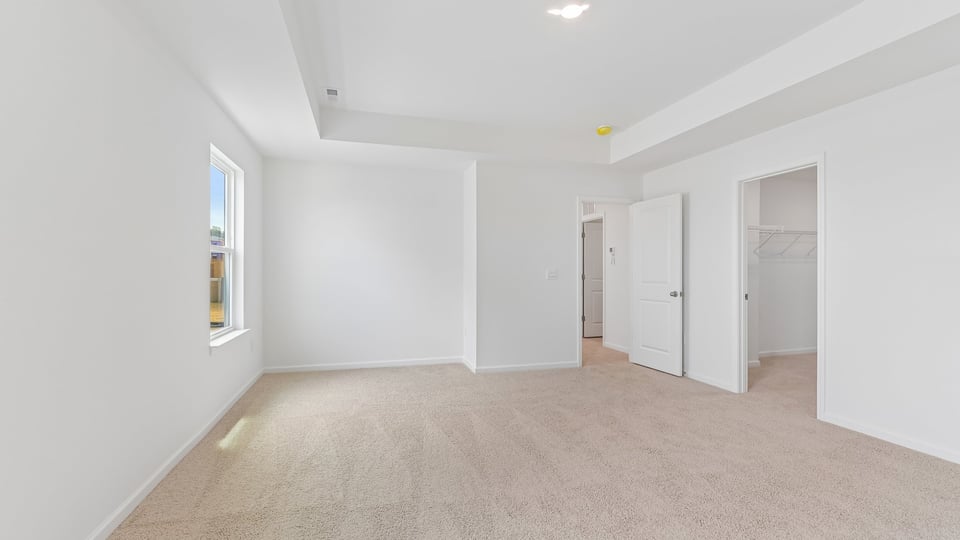 primary bedroom with tray ceiling and carpet flooring
