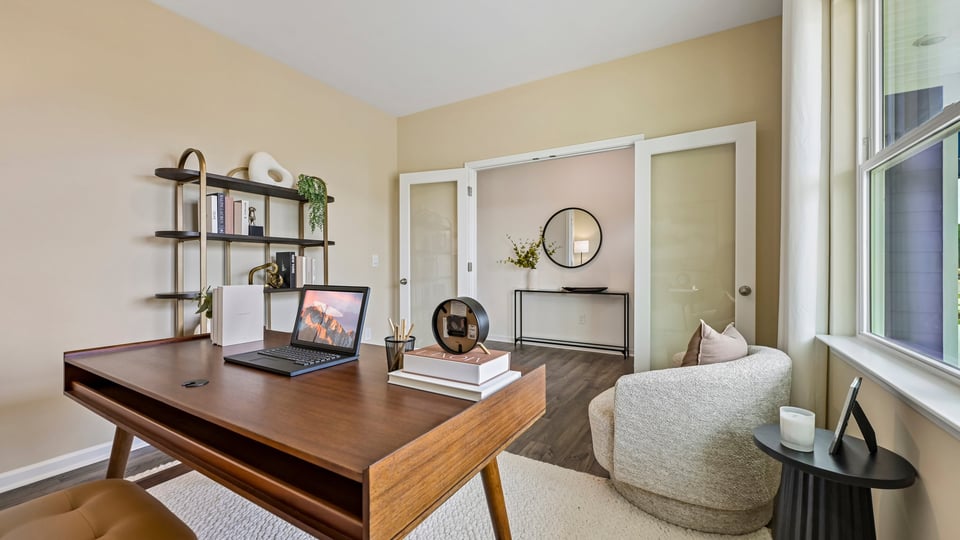 study with french doors and revwood flooring