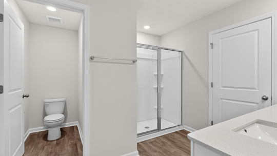 primary bathroom with quartz countertops water closet and walkin glass door shower