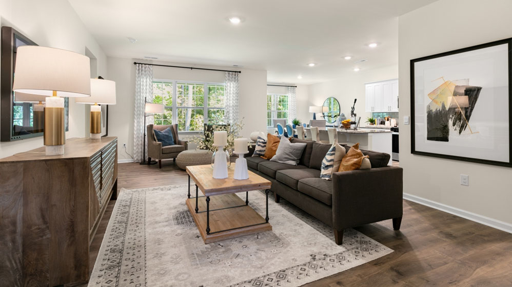 living room with revwood flooring