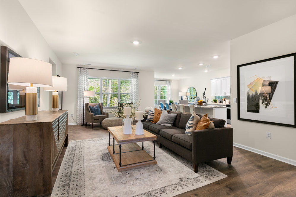 open concept living space with large windows