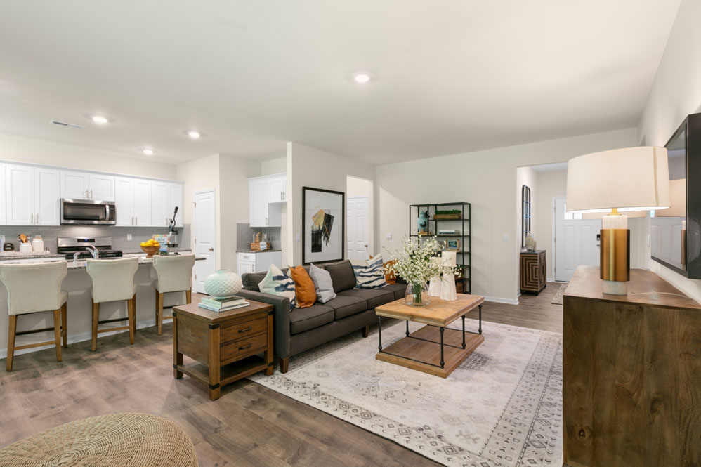 open concept living space with large windows