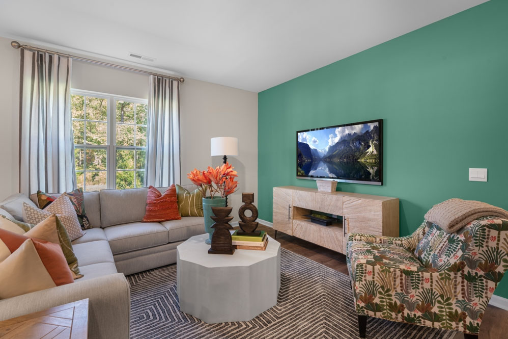 open concept living space with large windows