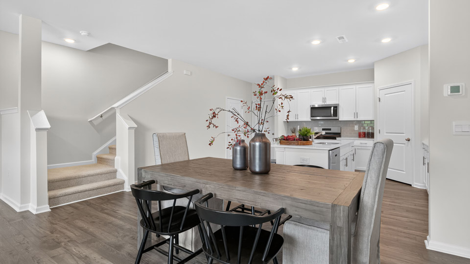 Dining area with revwood flooring