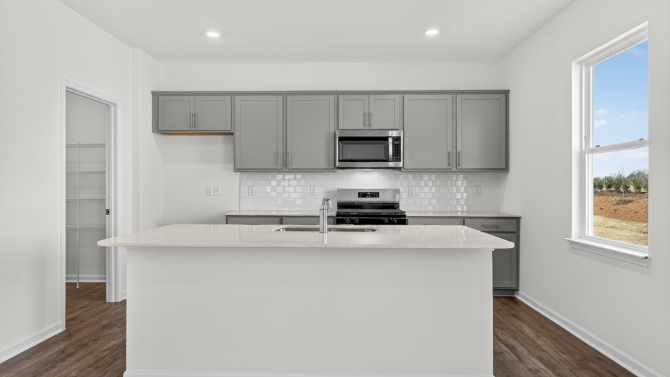 Kitchen with gray cabinets and stainless steel appliances.
