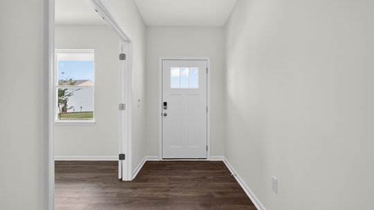 foyer entryway with revwood flooring