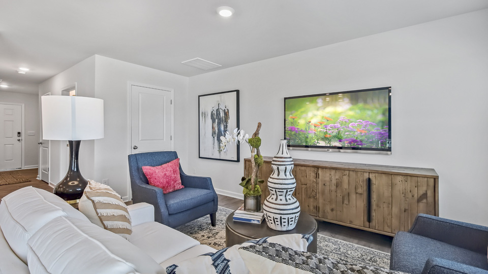 open concept living space with large windows