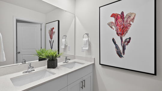 bathroom with dual vanity and quartz countertops
