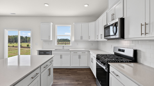 kitchen with quartz counters, kitchen island, pantry, stainless steel appliances
