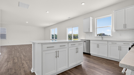 kitchen with quartz counters, kitchen island, pantry, stainless steel appliances