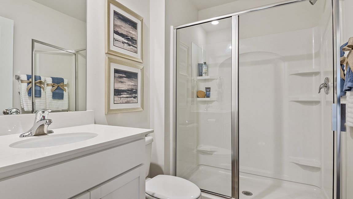 bathroom with quartz countertops and walk in shower