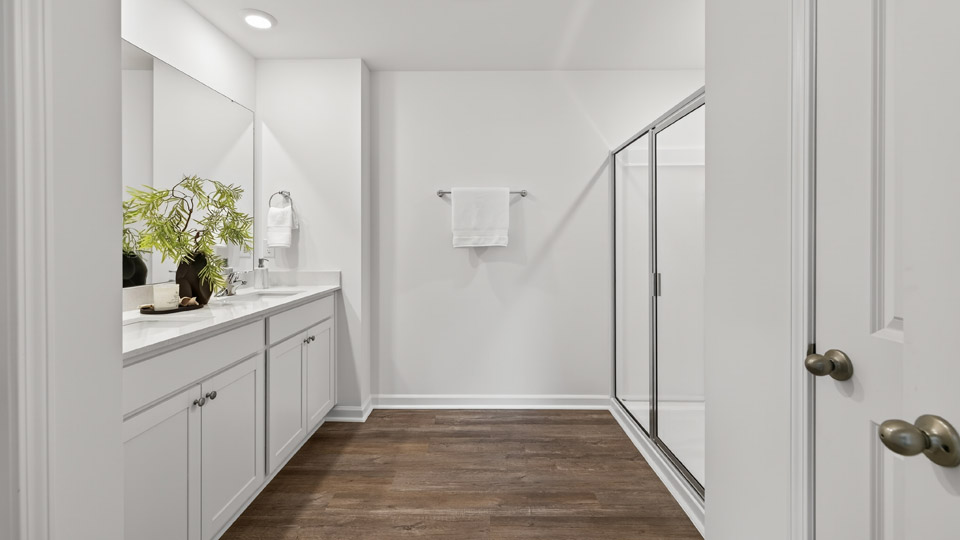 Primary bathroom with double sink and walk-in shower