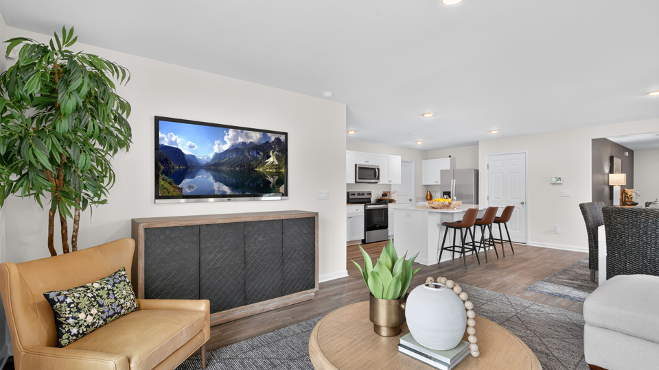 living room with revwood flooring