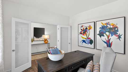 study with french glass doors and revwood flooring