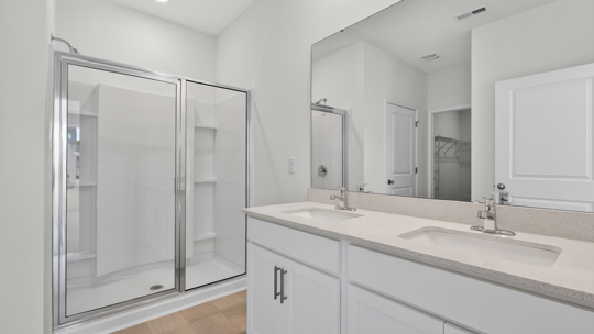 bathroom with walkin shower white cabinets and quartz countertops