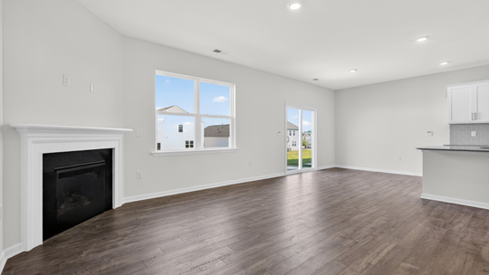 living room with revwood flooring and fireplace
