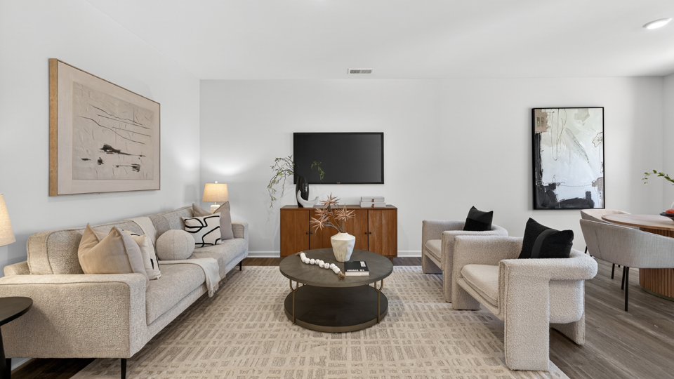 open concept living space with large windows