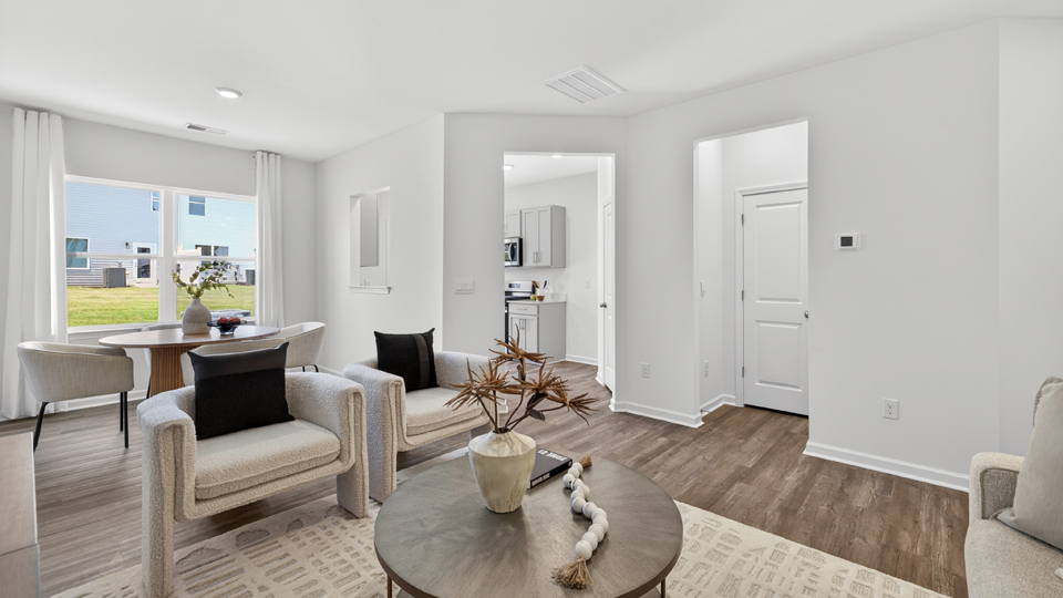 open concept living space with large windows