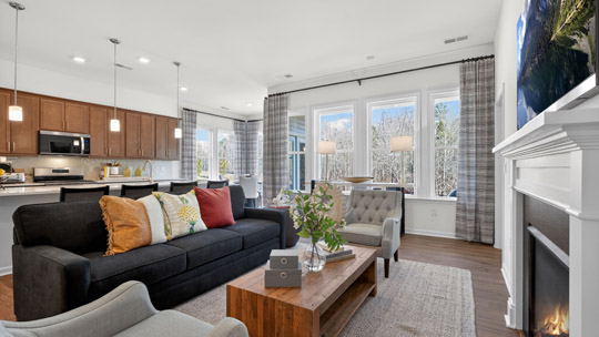 living room with fireplace and revwood flooring