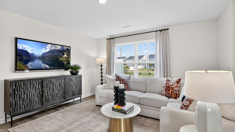 living room with revwood flooring