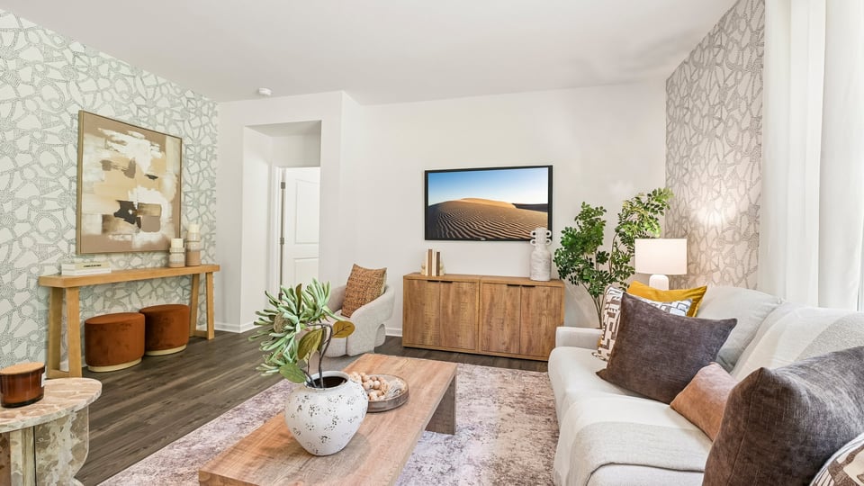 open concept living space with large windows