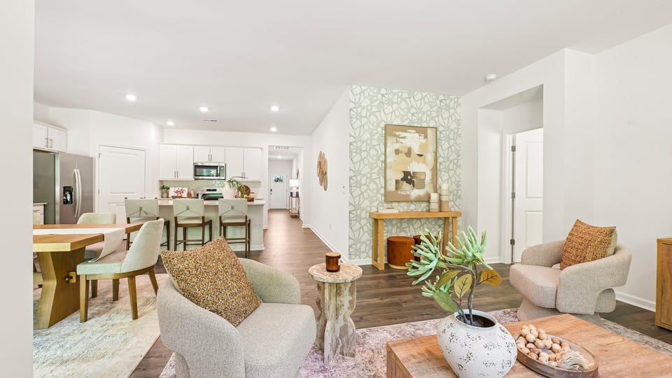 open concept living space with large windows