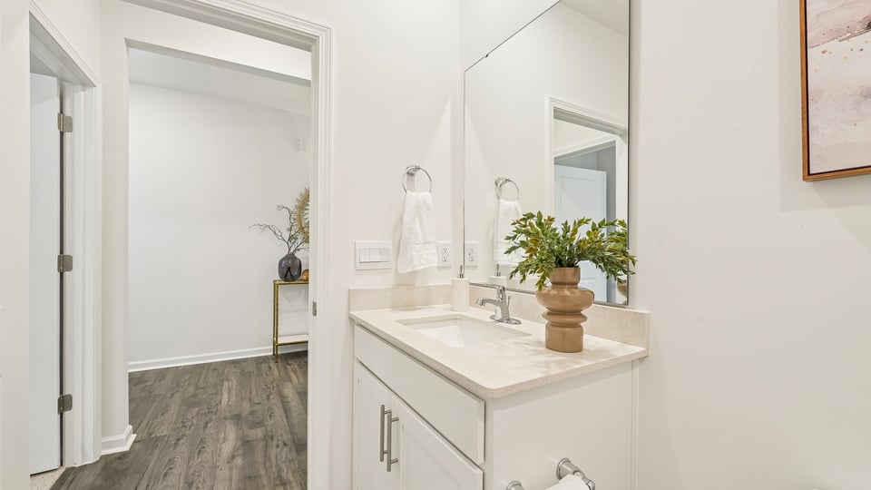 secondary bathroom with shower tub combo and single vanity sink