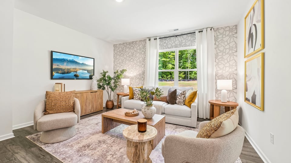open concept living space with large windows