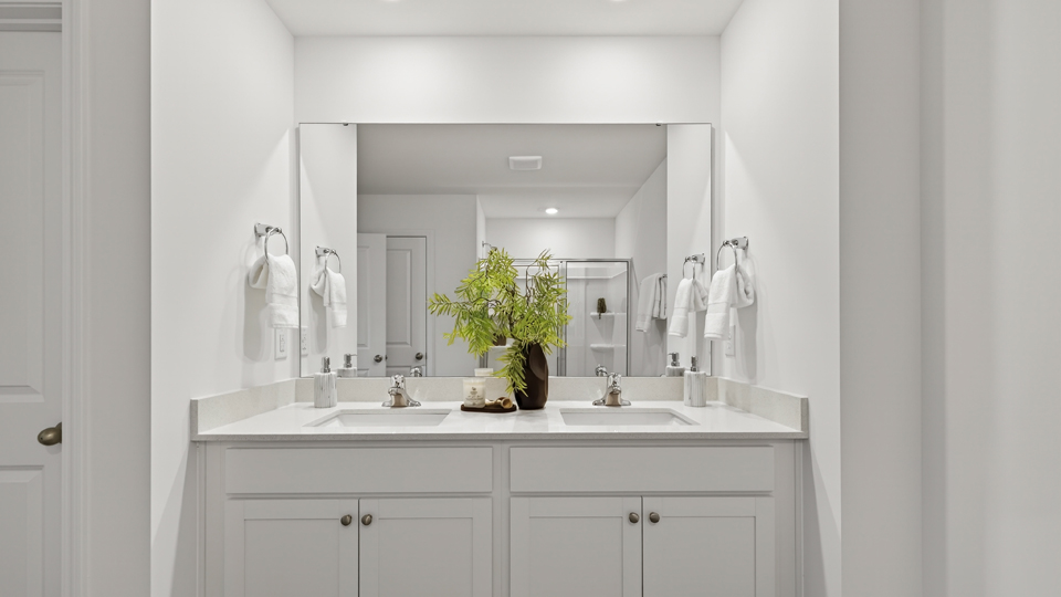 primary bathroom with walk in shower and dual vanity sinks