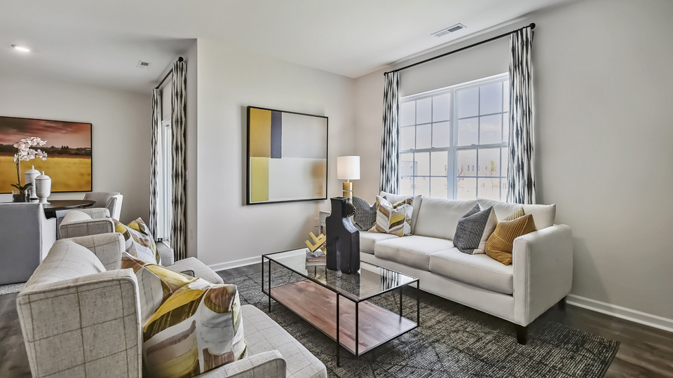 living room with revwood flooring