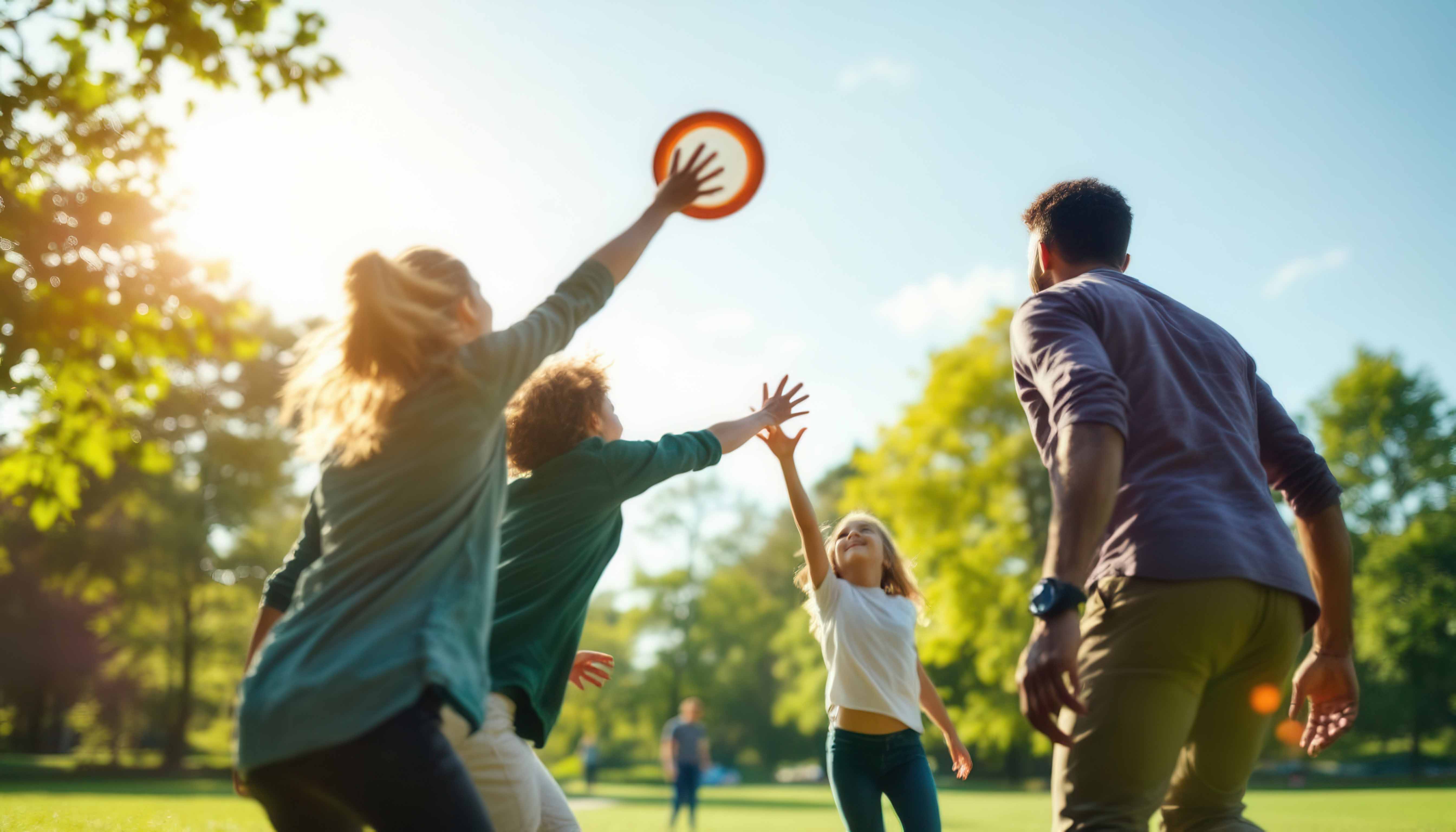 young family playing frisbee outside