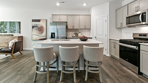 modern kitchen featuring light grey cabinetry, and stainless steel appliances