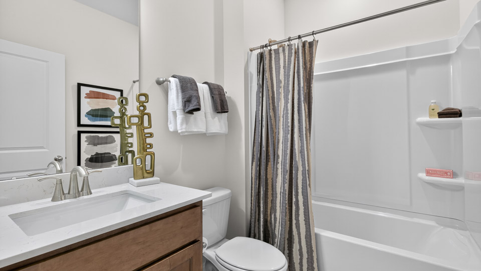 secondary bathroom with shower tub combo and single vanity sink
