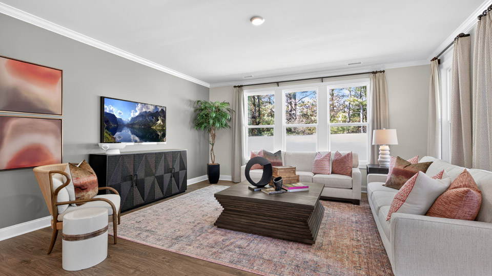 living room with revwood flooring