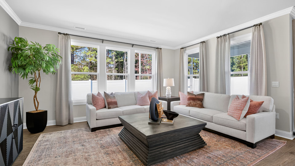 living room with revwood flooring