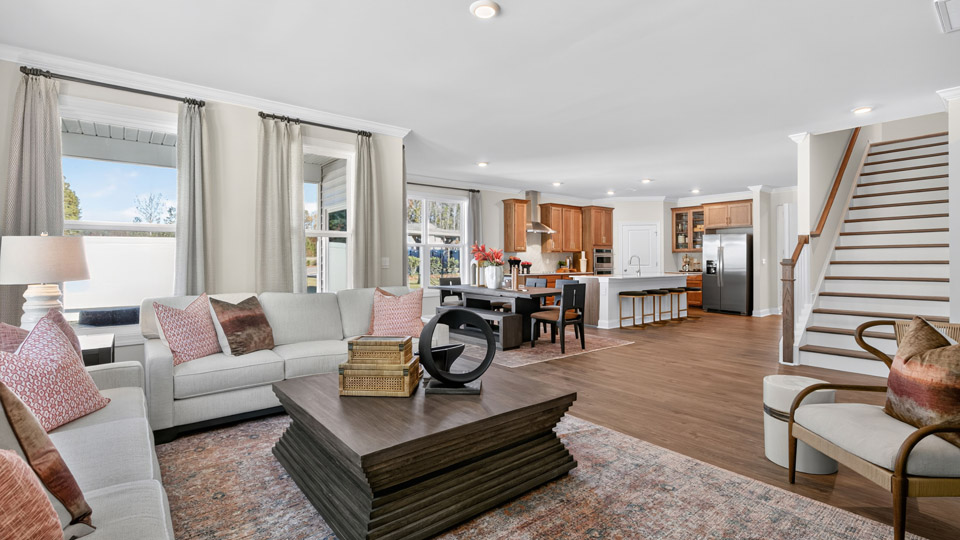 living room with revwood flooring