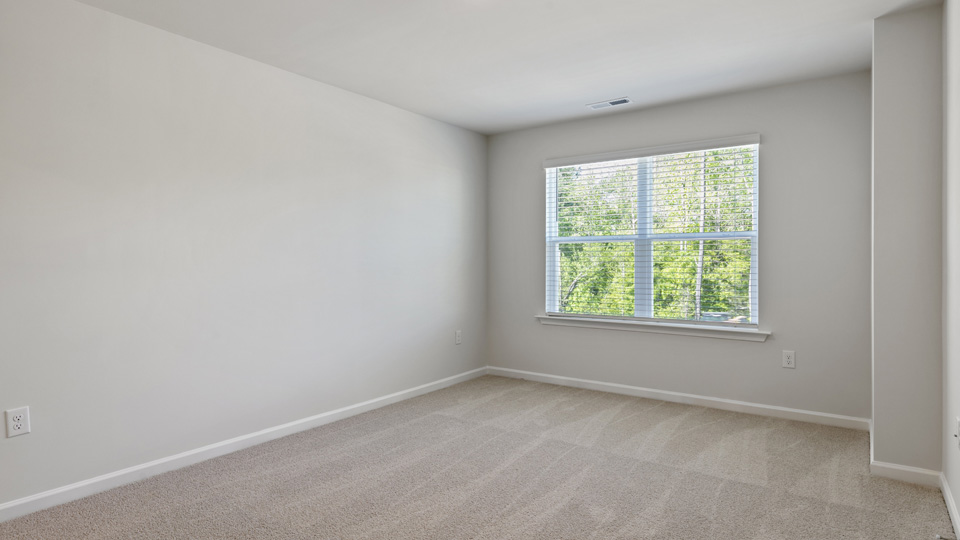 primary bedroom with two windows and carpeting, attached bath