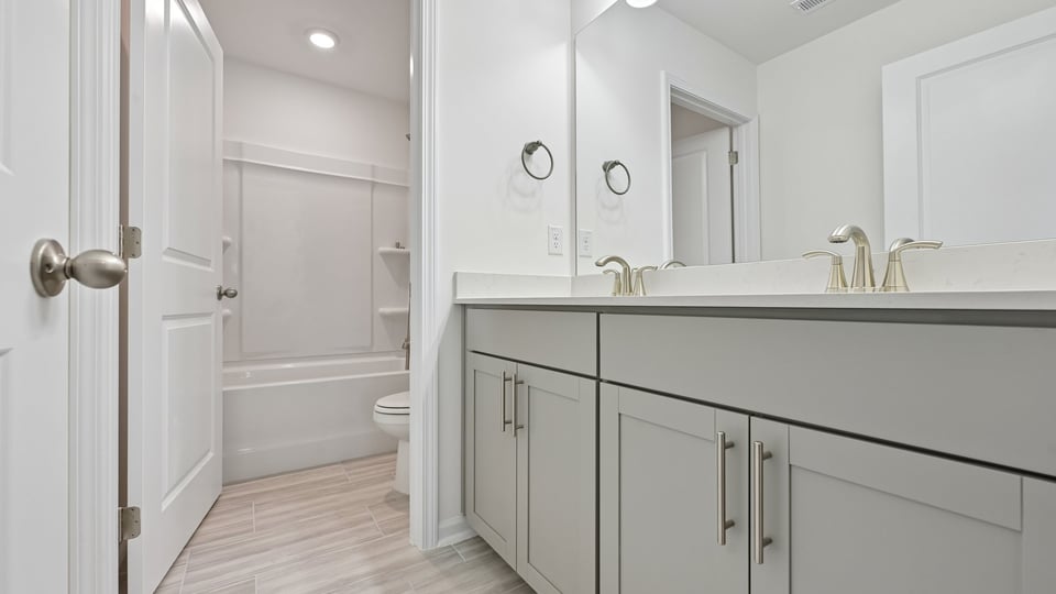 bathroom with walkin closet and dual vanity with quartz countertops
