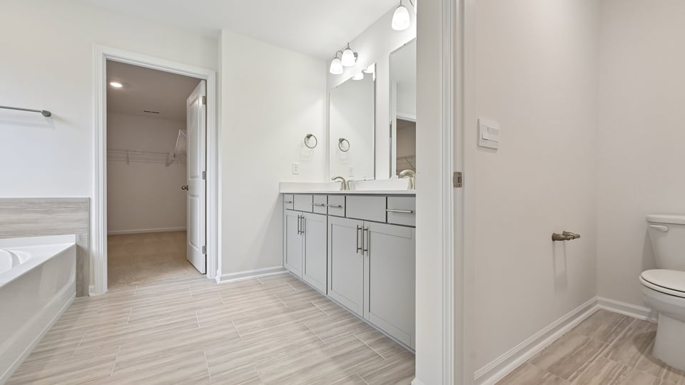 bathroom with water closet and dual vanity