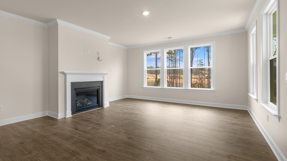 Living room with fireplace and vinyl flooring