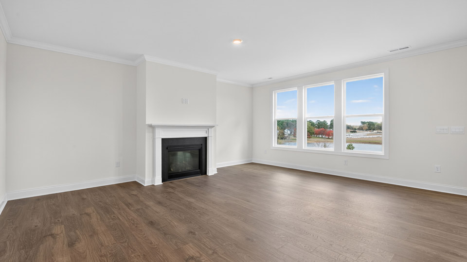 Open-concept living room with fireplace
