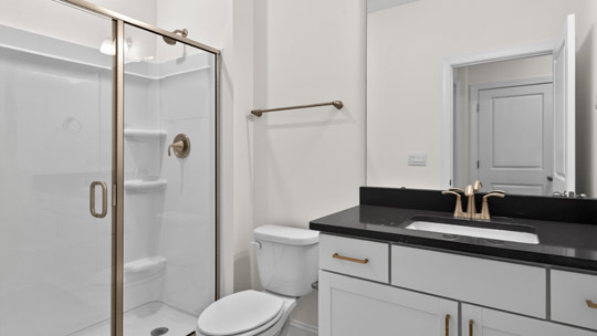 bathroom with walkin shower and quartz countertops