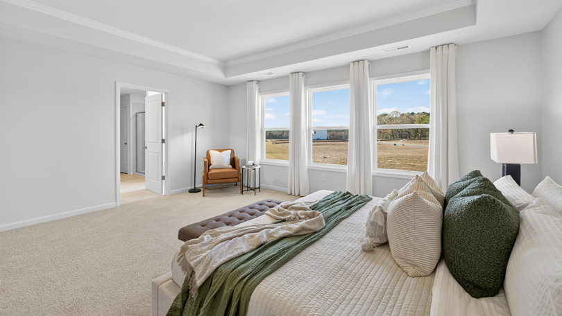 bedroom with tray ceiling and carpet flooring