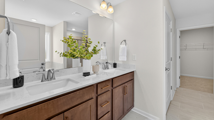 bathroom with brown cabinets quartz countertops and walk-in closet