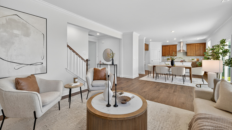 living room with revwood flooring and open-concept
