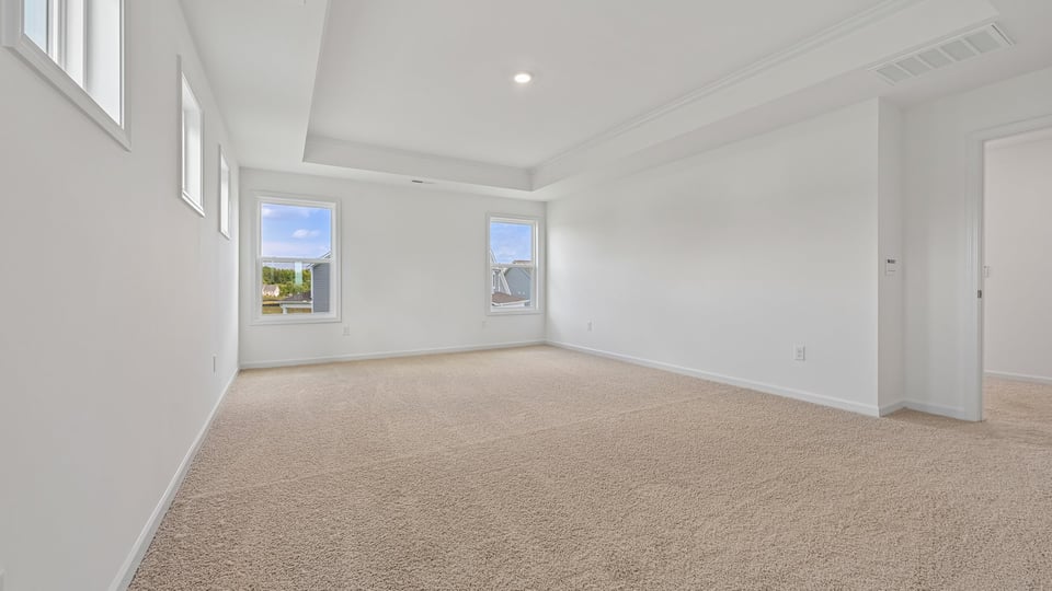 primary bedroom with tray ceiling and carpet flooring
