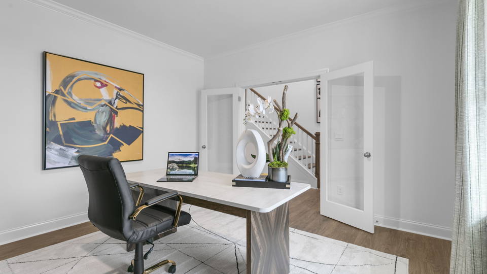 study with revwood flooring and double french glass doors