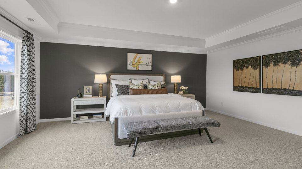 primary bedroom with tray ceiling and carpet flooring